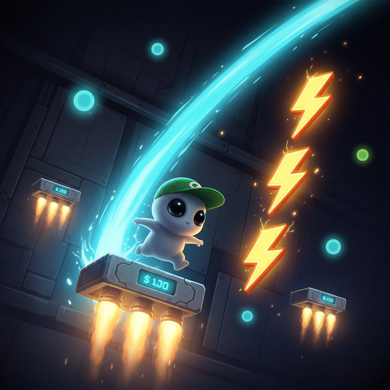 Jumper slot game - szary kosmita w zielonej czapce skaczący po metalowych platformach z rakietowymi dyszami, zbierający pioruny bonusowe na tle kosmicznej stacji, gra od InOut Games